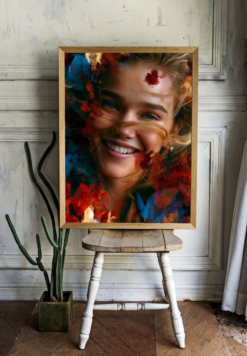 Smiling Girl Floral Portrait Print. room preview
