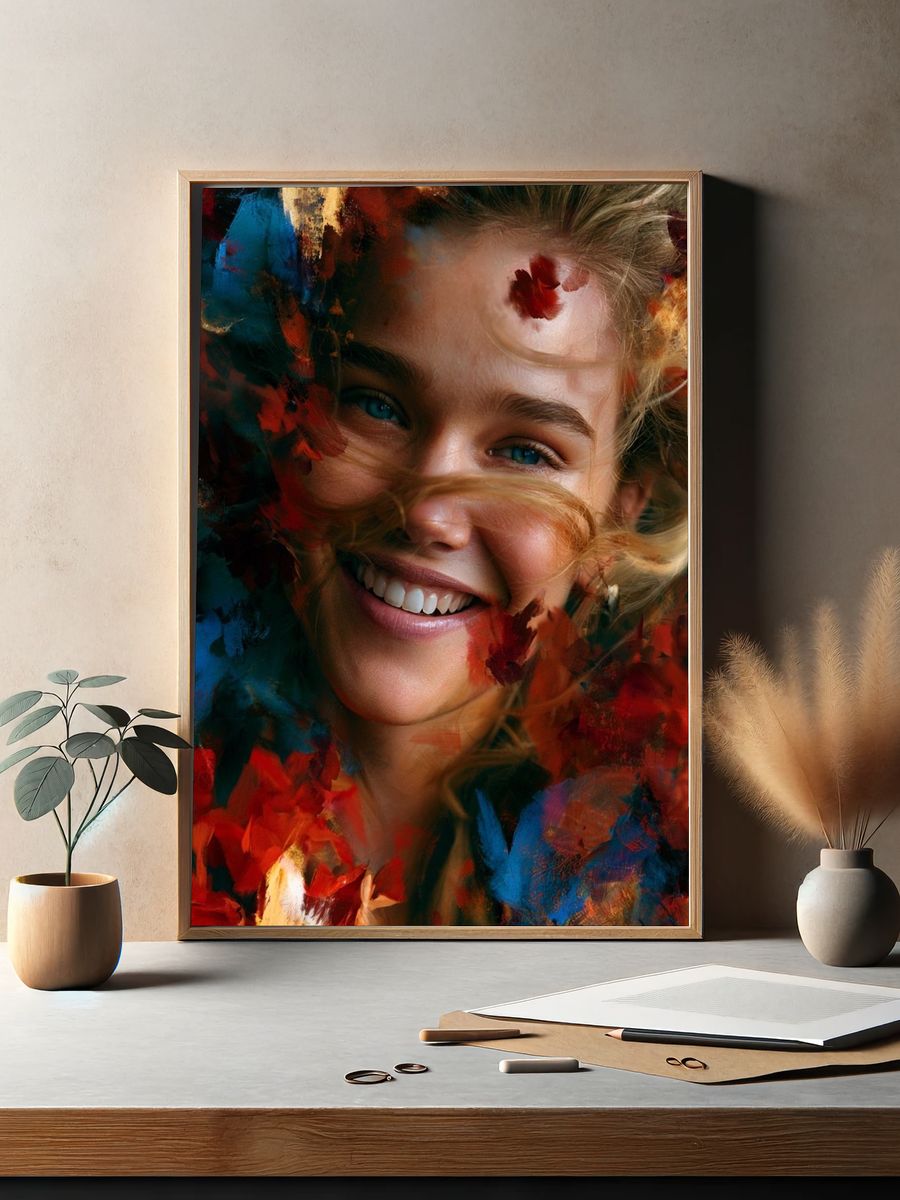 Smiling Girl Floral Portrait Print. — room view 2