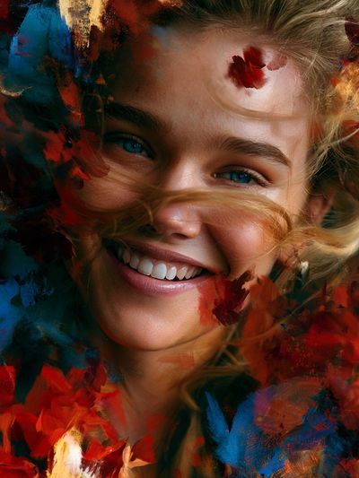 Smiling Girl Floral Portrait Print. poster print