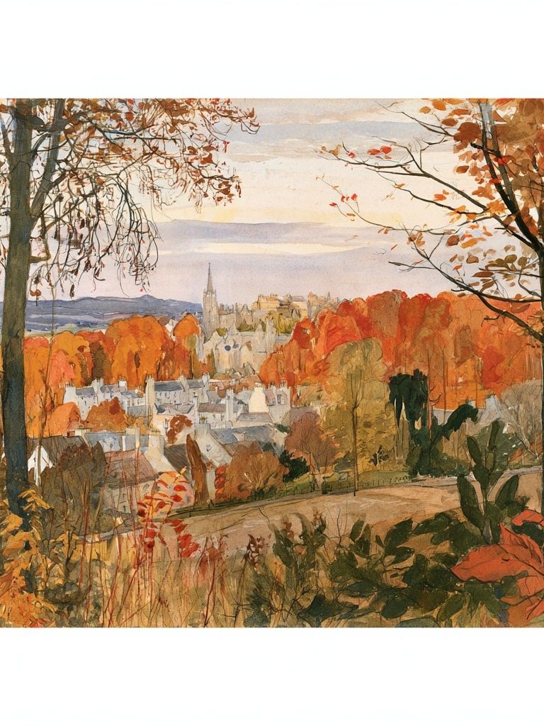 Autumn Cityscape Watercolor Poster. poster — fine-art art