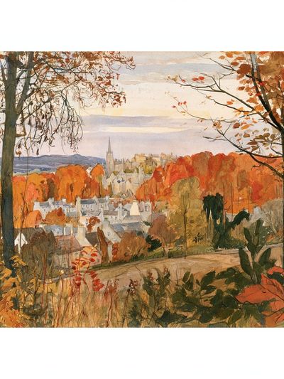 Autumn Cityscape Watercolor Poster.