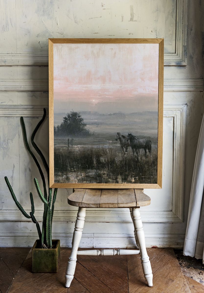Misty Horses at Dawn Print. room preview