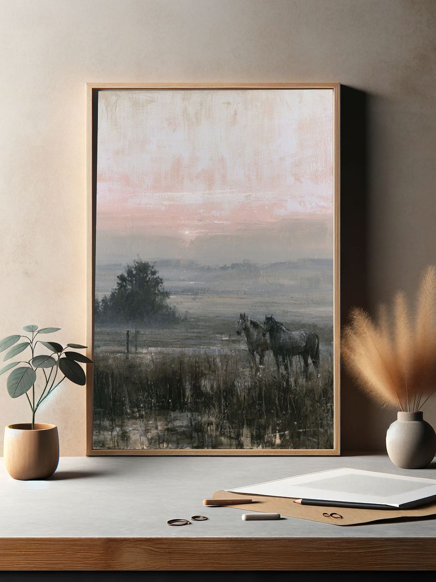Misty Horses at Dawn Print. — room view 2