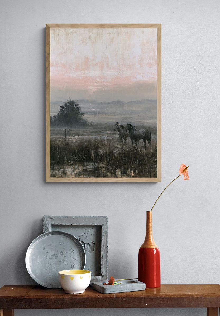 Misty Horses at Dawn Print. — room view 3
