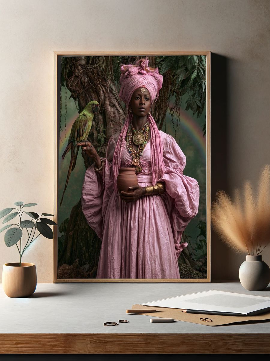 Mystic Woman with Parrot Portrait Print. — room view 2