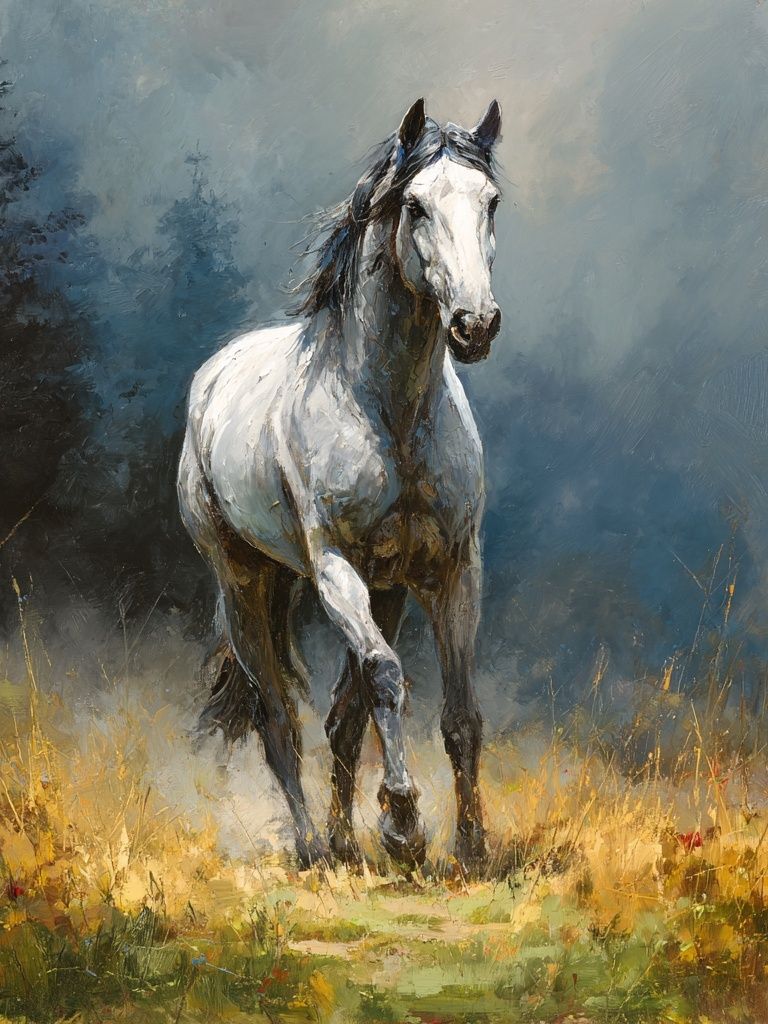 White Horse in Meadow Fine-Art Poster. poster detail