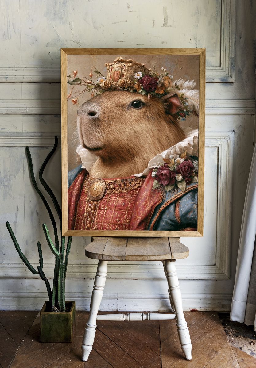 Regal Capybara Portrait Print. room preview