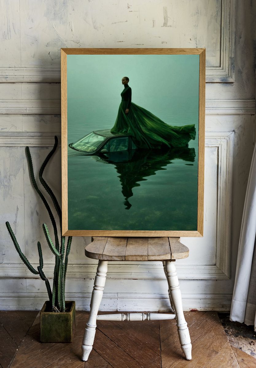 Elegant Woman in Green Dress — Fine Art Print room preview