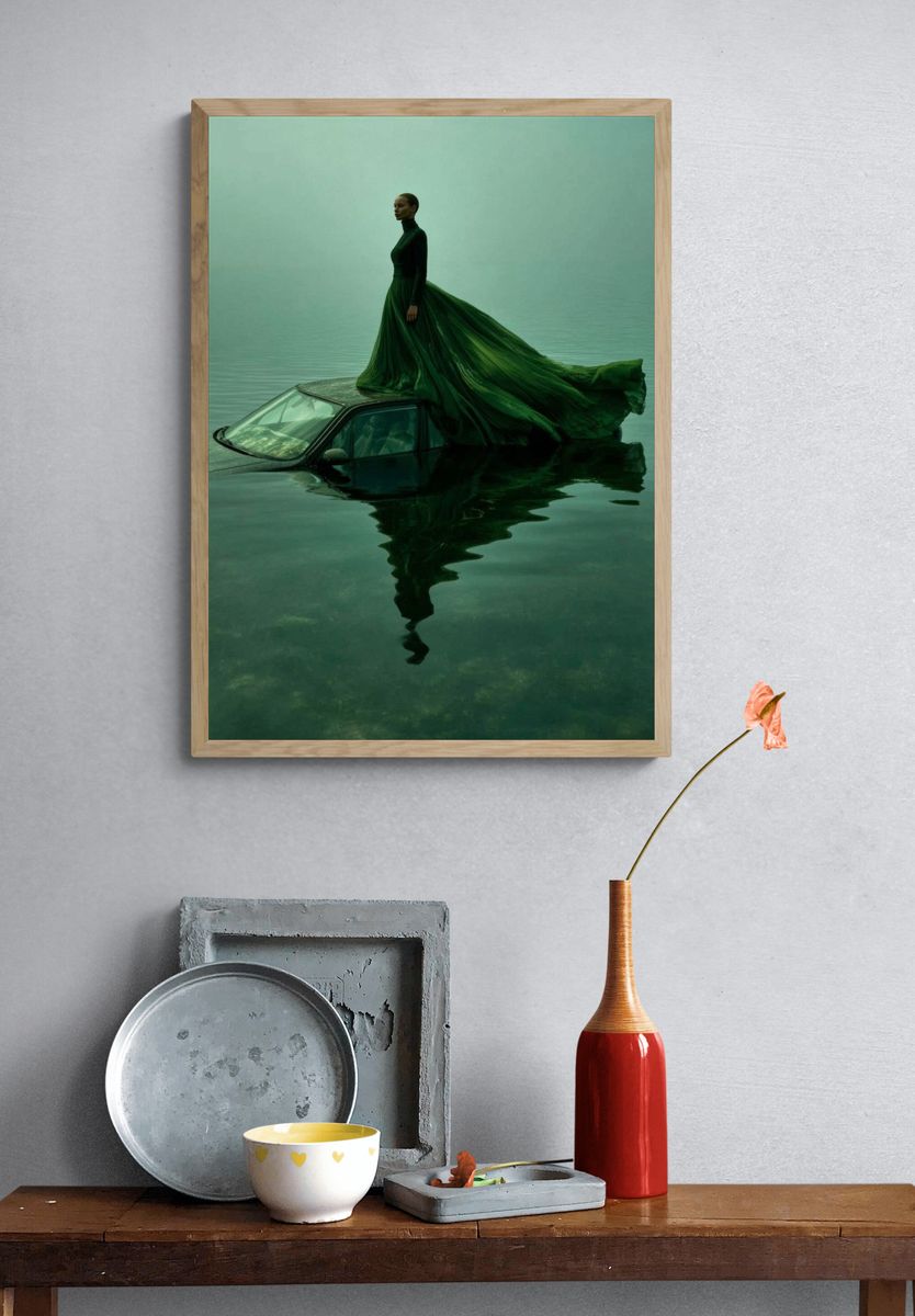 Elegant Woman in Green Dress — Fine Art Print. — room view 3