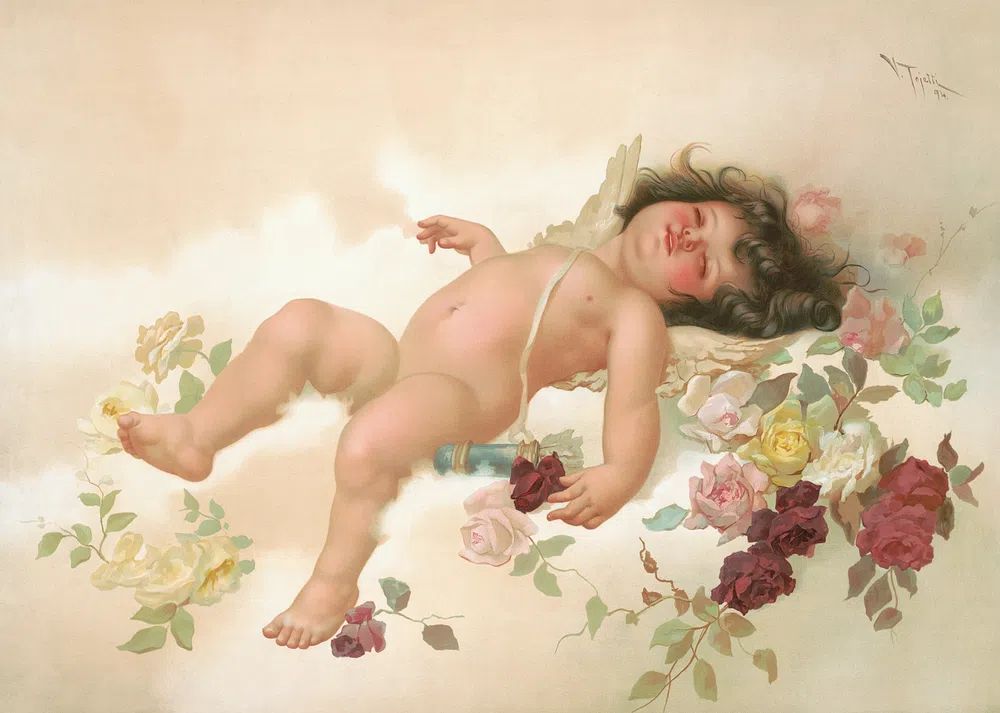 Sleeping Child with Roses Print. poster detail