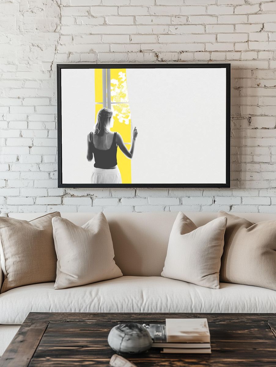 Young woman looking window coronavirus. room preview