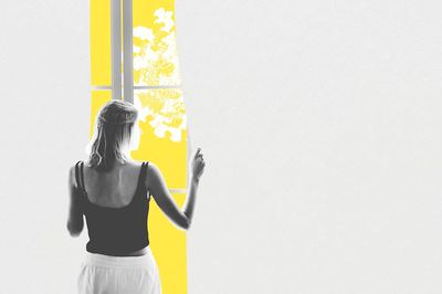 Young woman looking window coronavirus. poster print
