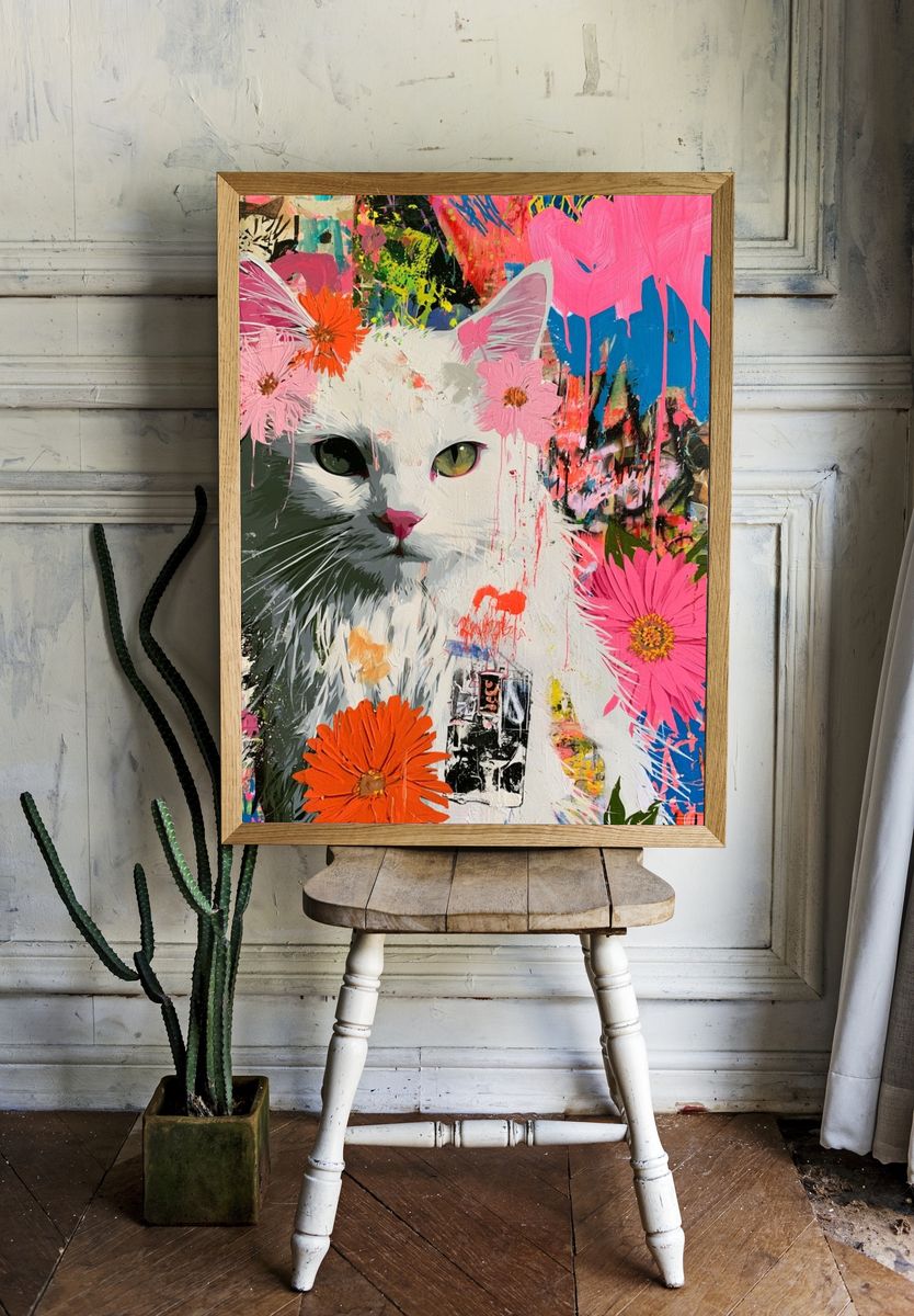Floral Cat Pop-Art Poster. — room view 1