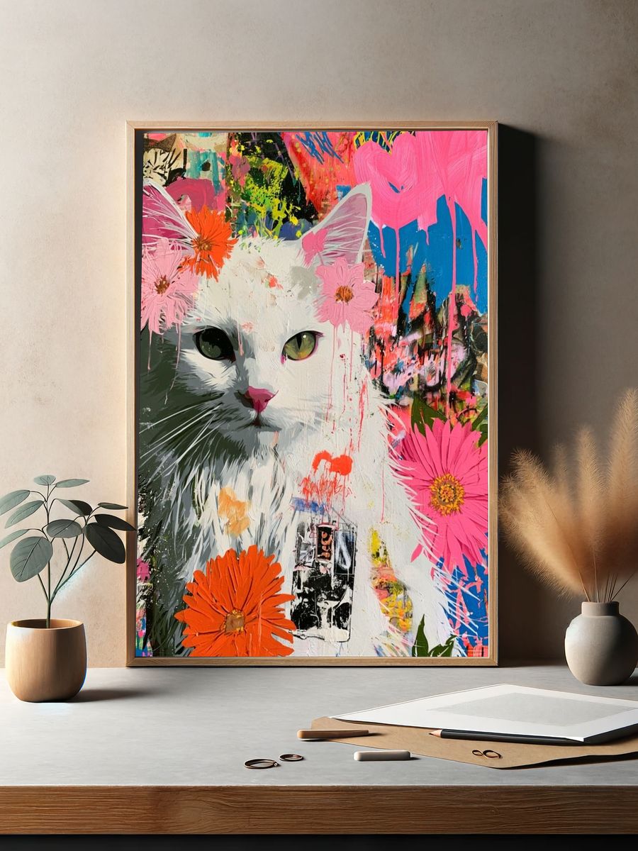 Floral Cat Pop-Art Poster. — room view 2