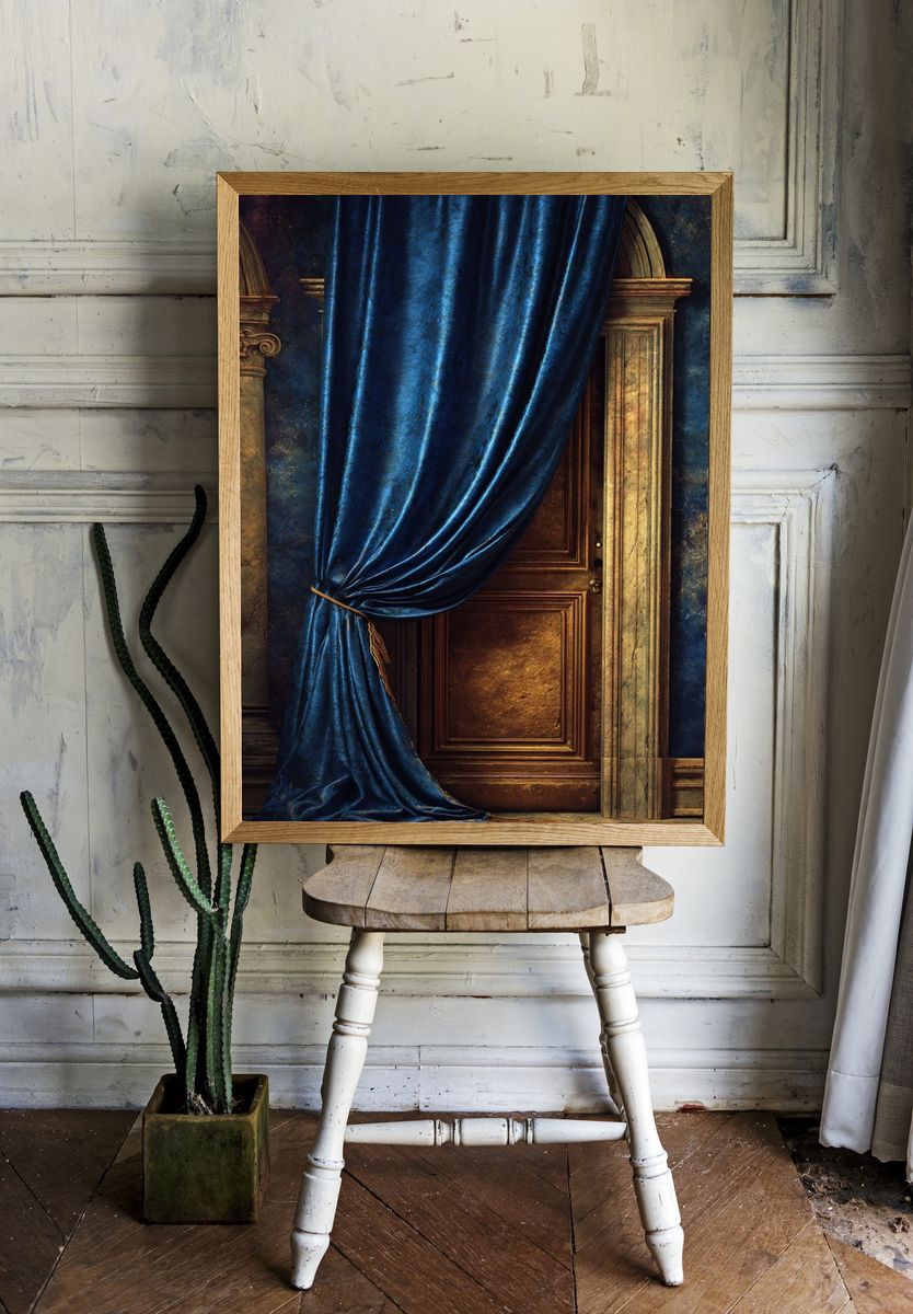 Elegant Blue Curtain — Fine Art Print room preview