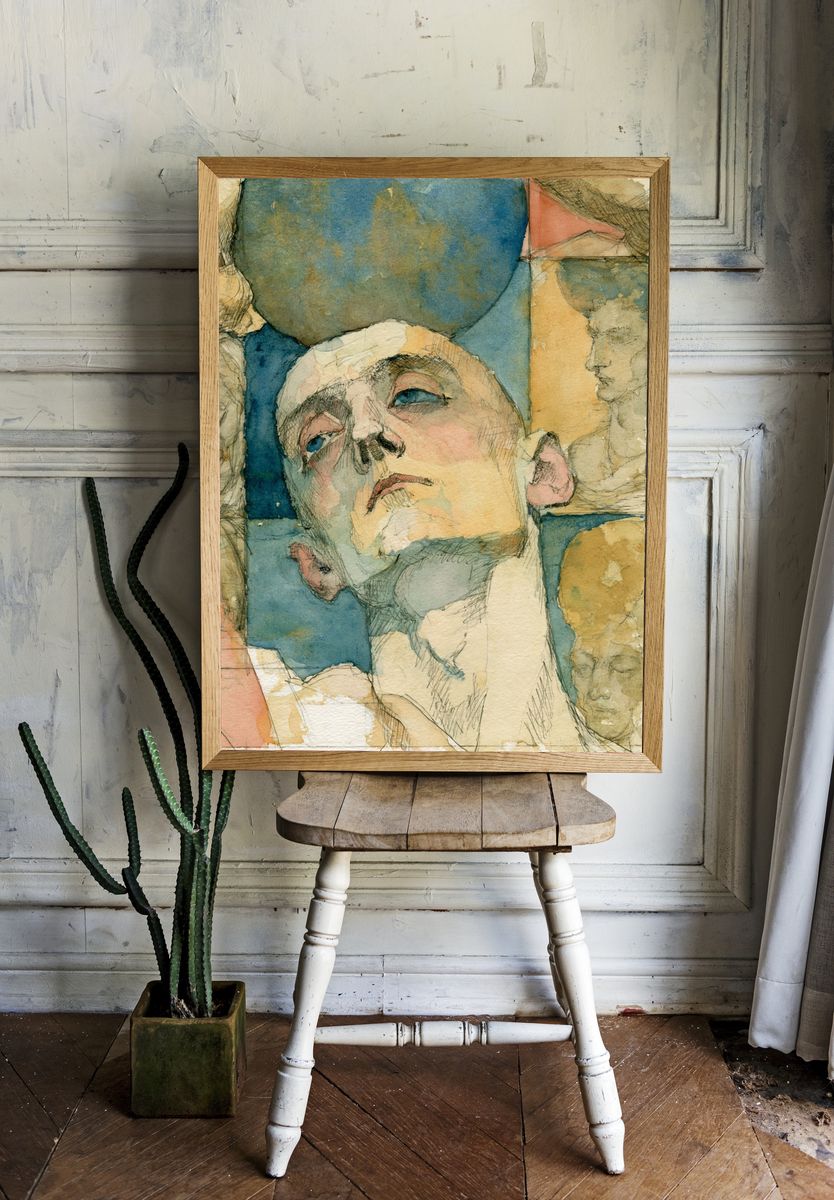 Abstract Face Watercolor Print. — room view 1