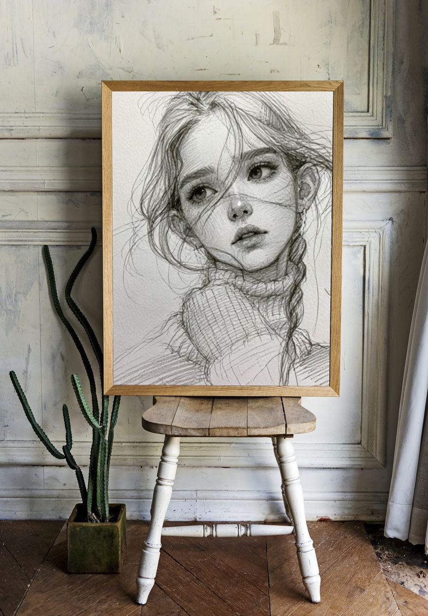 Girl Portrait Sketch Poster. room preview