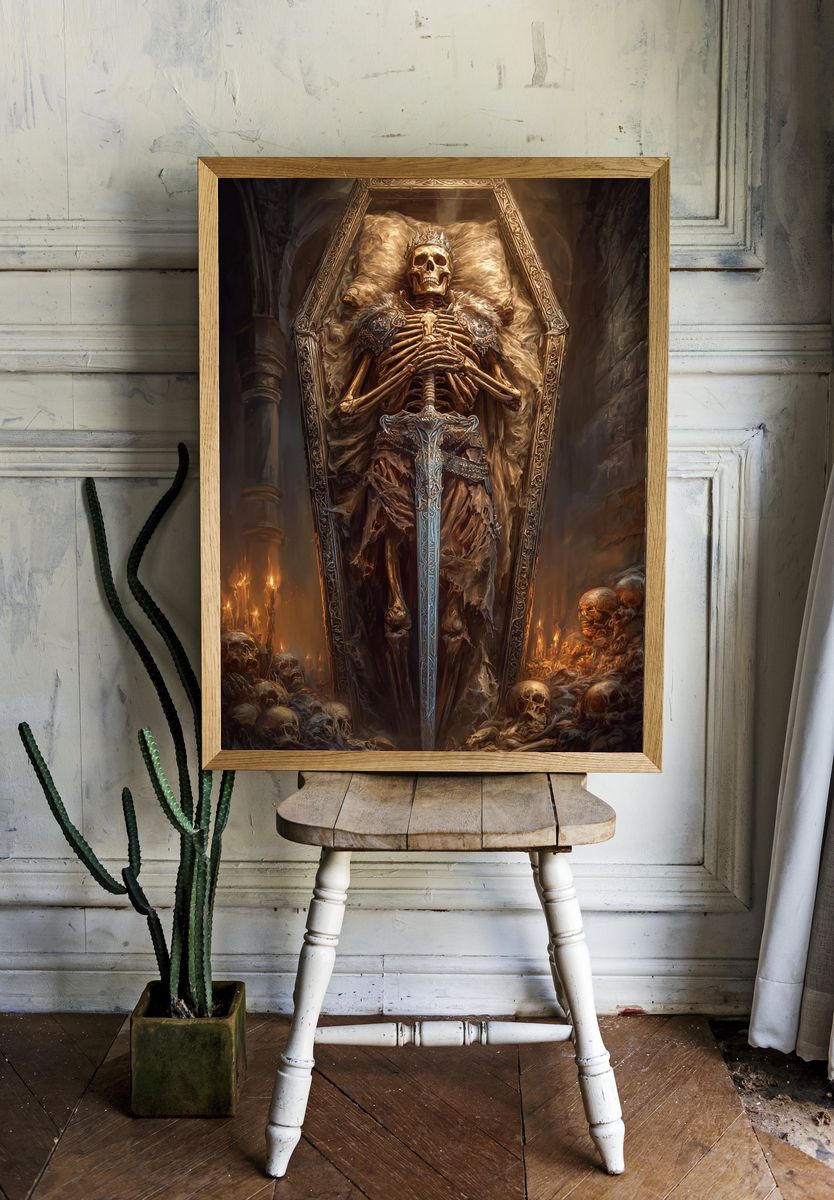 Crowned Skeleton in Coffin — Fantasy Art Print. — room view 1