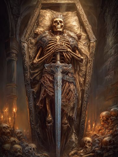 Crowned Skeleton in Coffin — Fantasy Art Print. poster