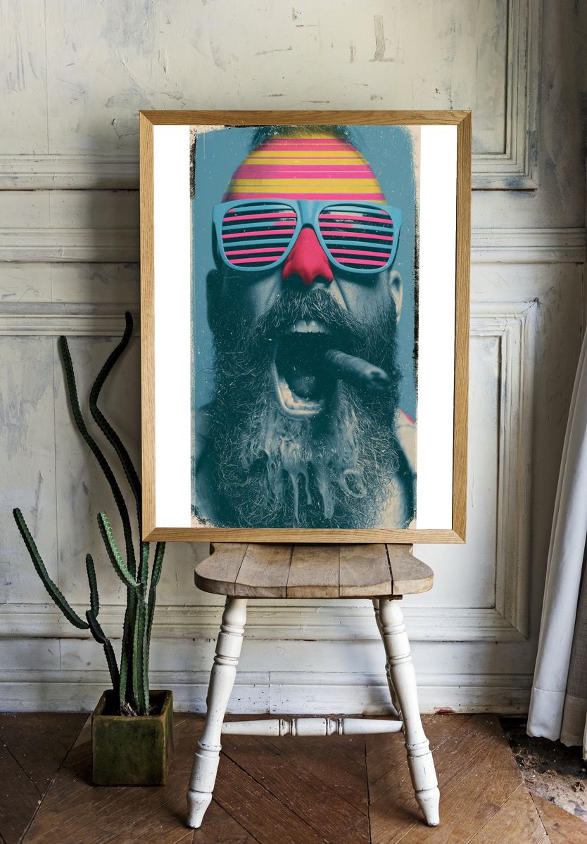 Neon Bearded Man Portrait Print. — room view 1