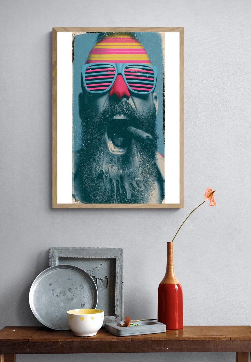 Neon Bearded Man Portrait Print. — room view 3