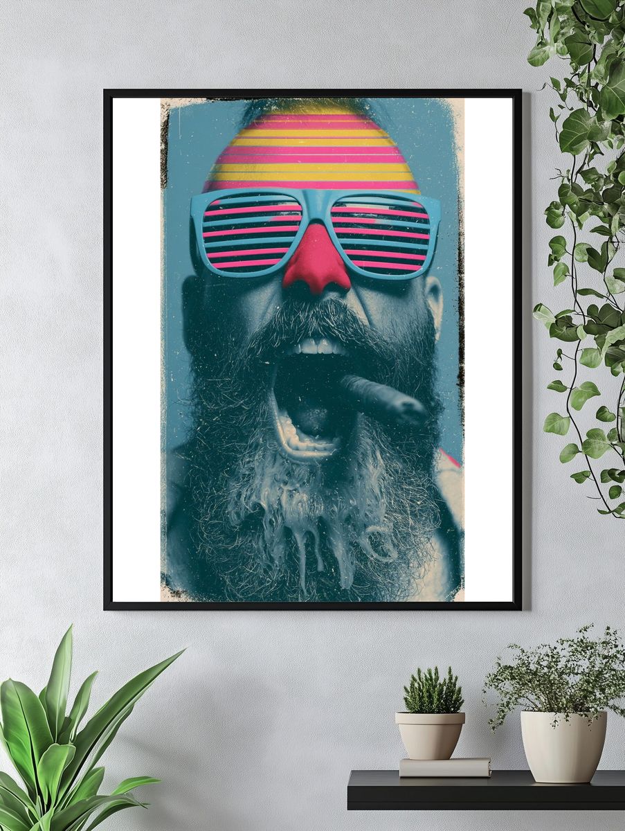Neon Bearded Man Portrait Print. — room view 4
