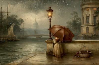 Rainy Riverside Romance Print. poster