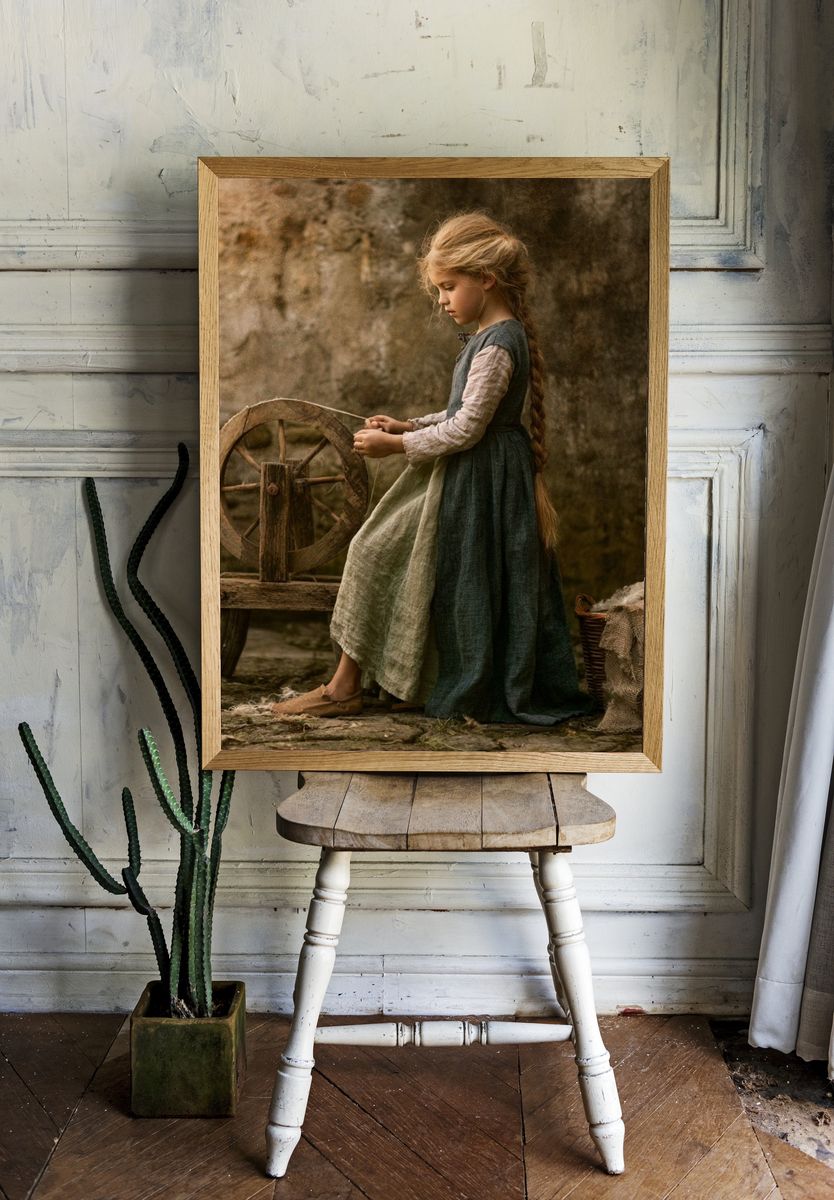 Rustic Spinning Wheel Portrait Print. — room view 1