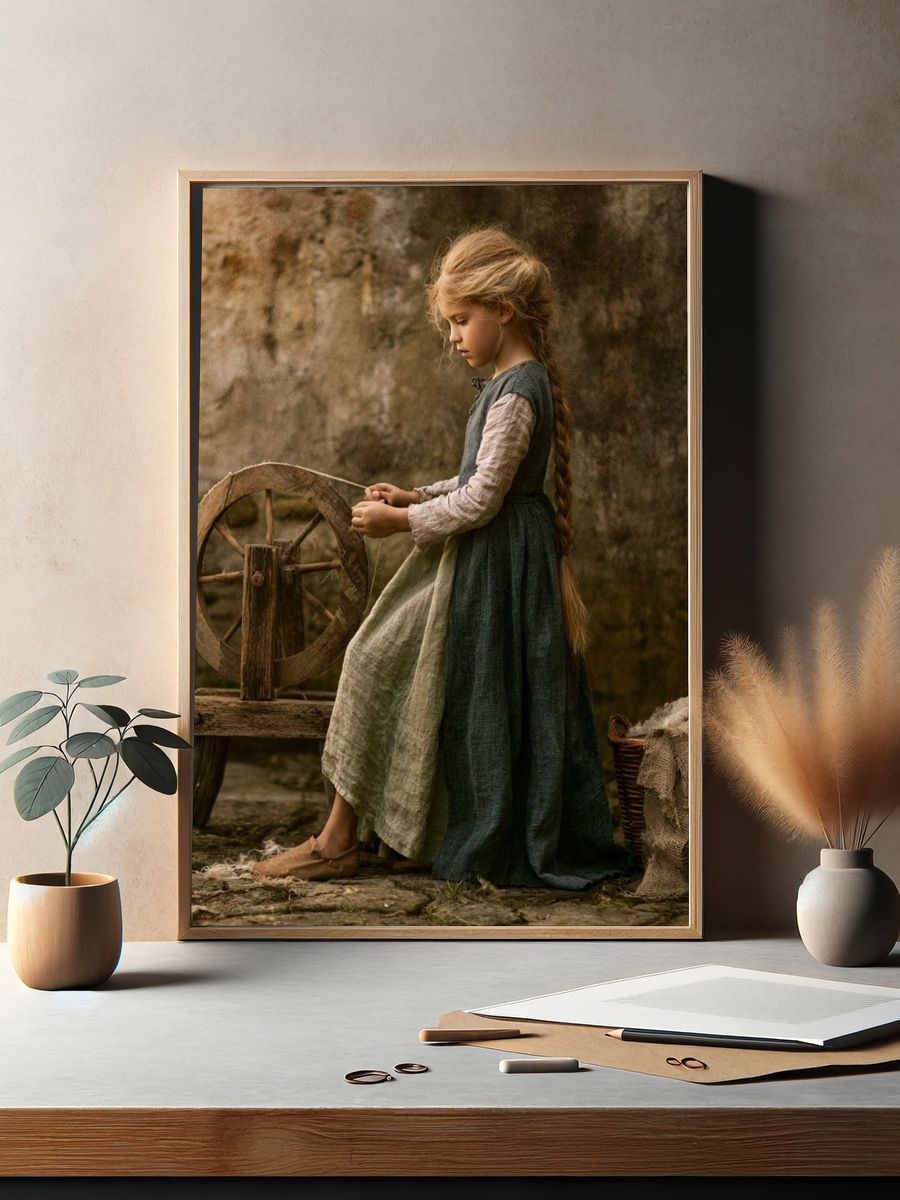 Rustic Spinning Wheel Portrait Print. — room view 2