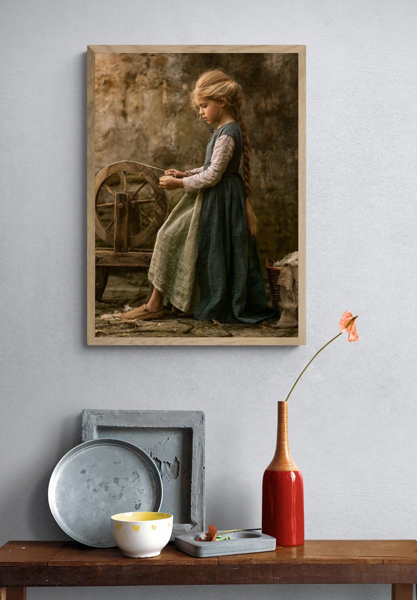 Rustic Spinning Wheel Portrait Print. — room view 3