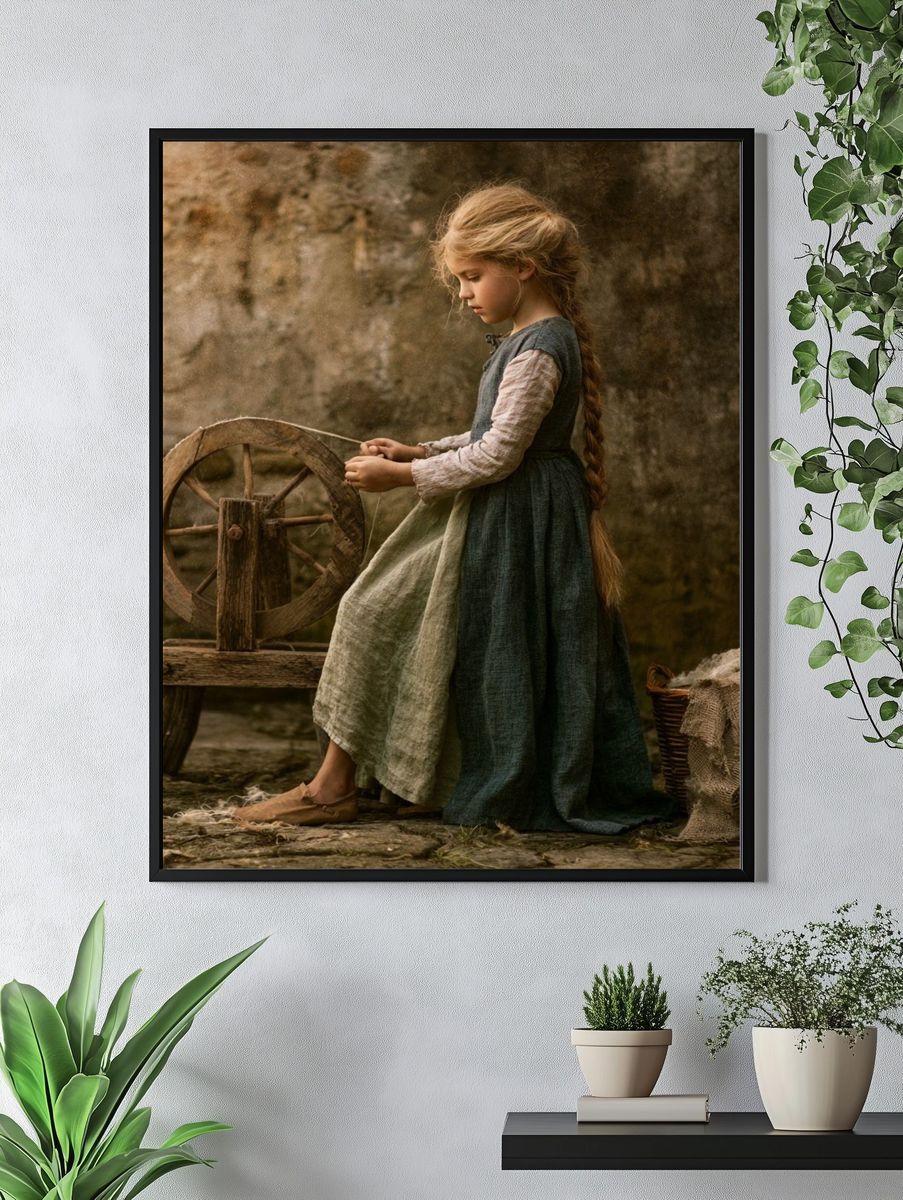 Rustic Spinning Wheel Portrait Print. — room view 4