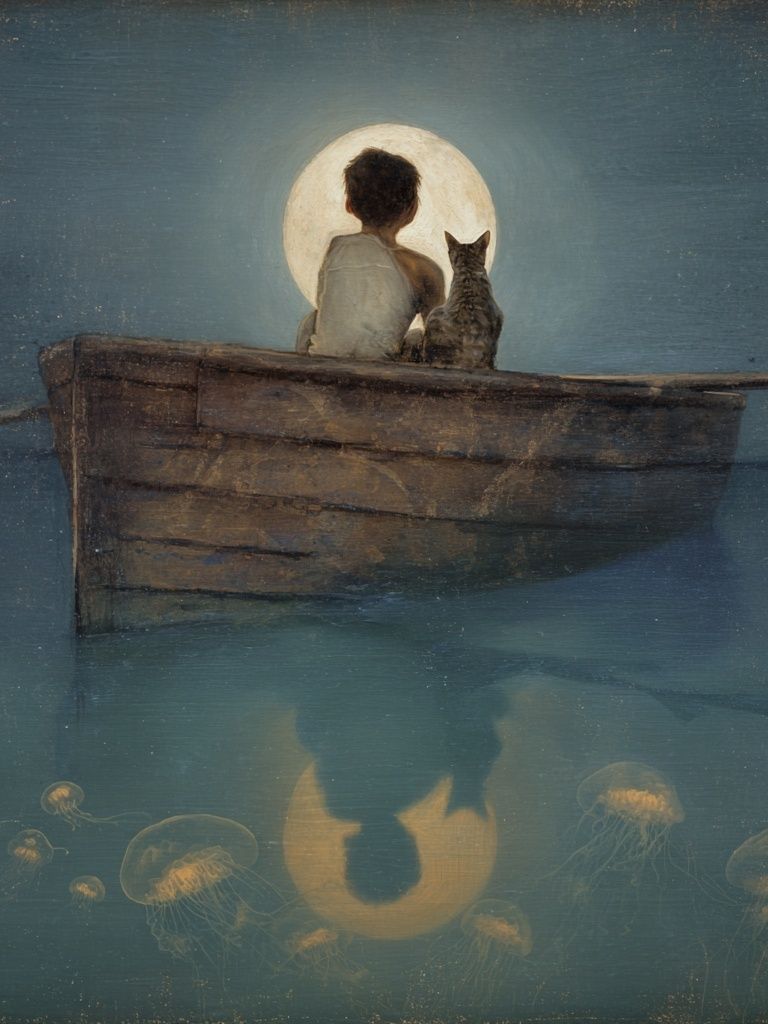 Moonlit Boy and Cat — Fine Art Print. poster — fine-art art