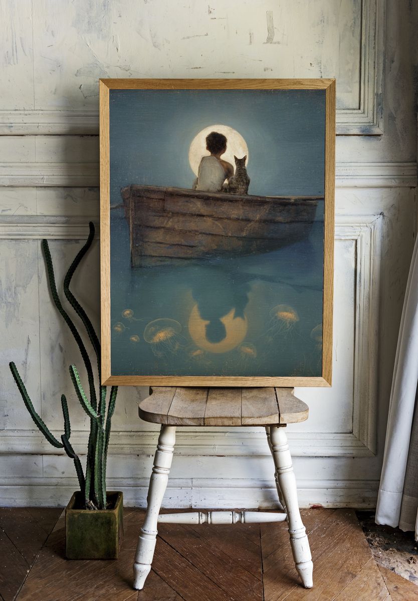 Moonlit Boy and Cat — Fine Art Print room preview