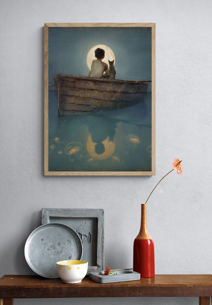 Moonlit Boy and Cat — Fine Art Print. — room view 3