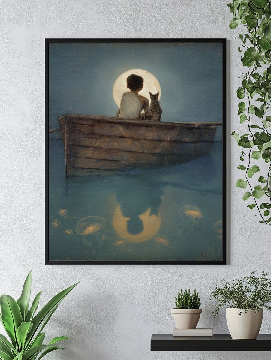 Moonlit Boy and Cat — Fine Art Print. — room view 4