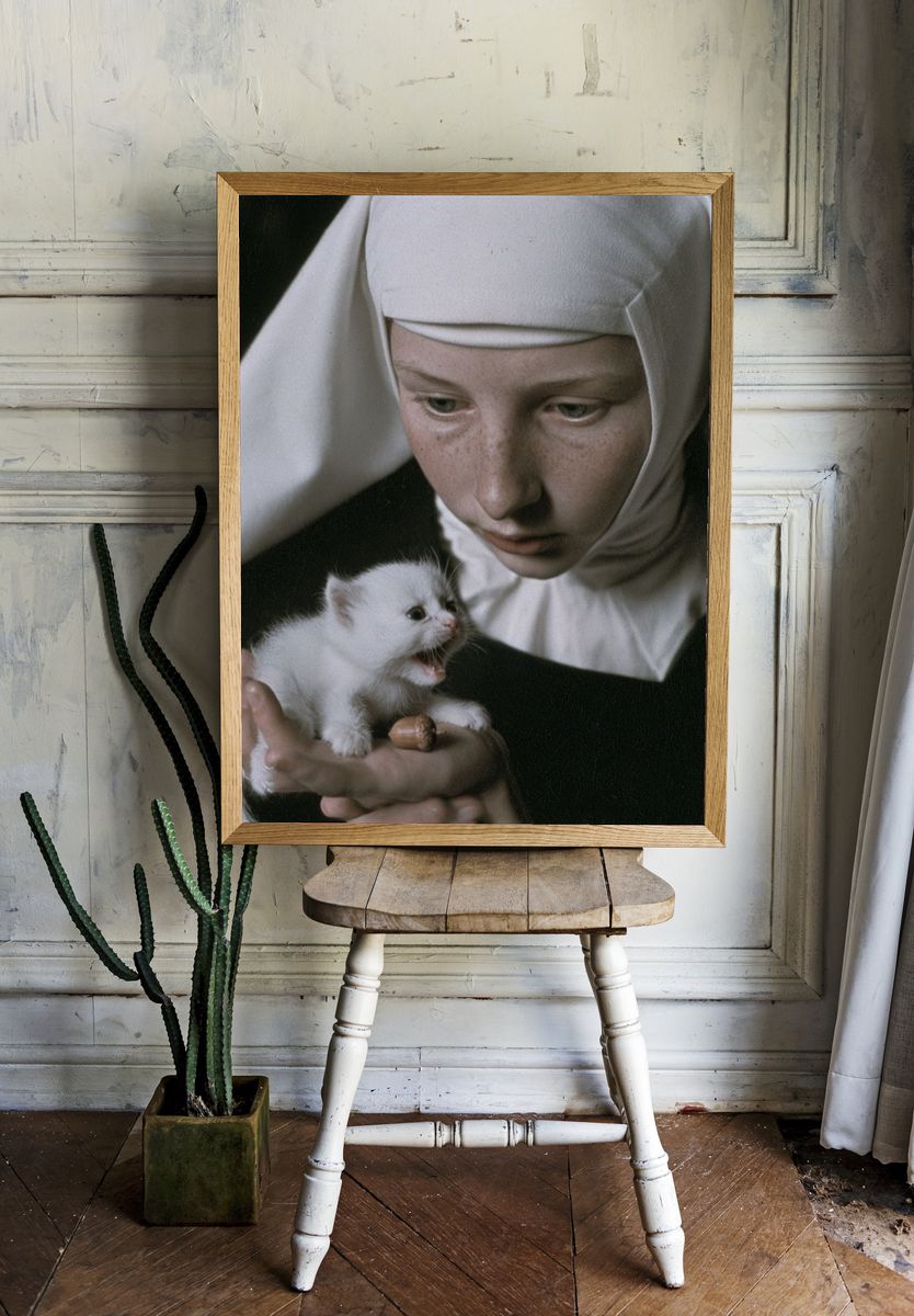 Nun and Kitten Portrait Print. room preview
