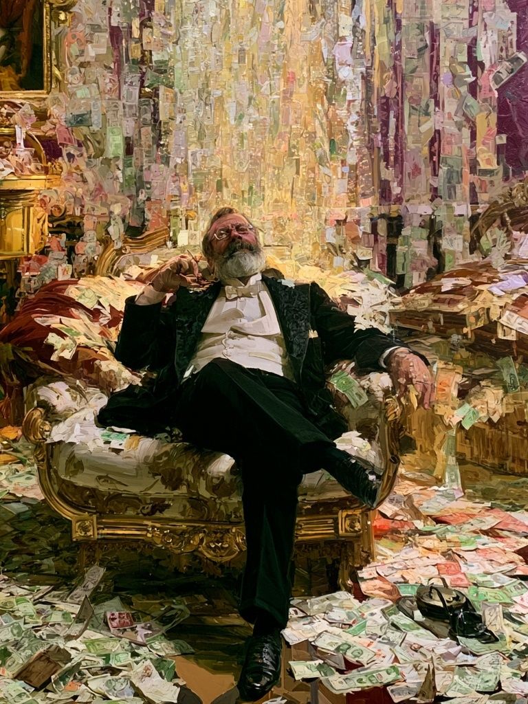 Opulent Man in Cash Room Fine-Art Print. poster — fine-art art