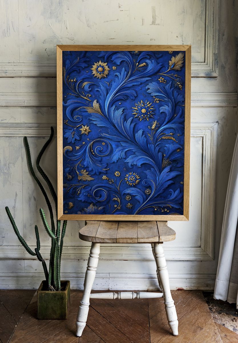 Blue Floral Relief — Fine Art Print room preview