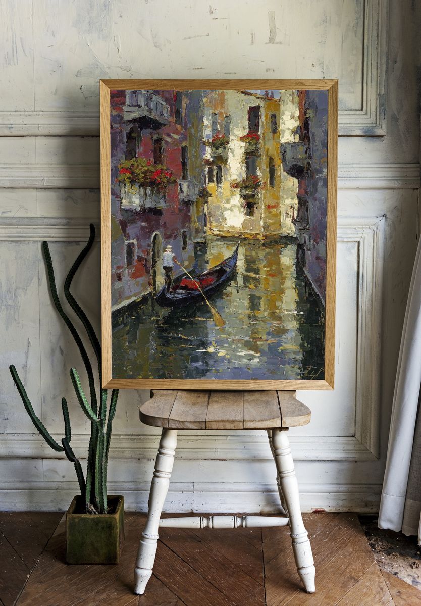 Venetian Canal Gondola Oil Poster. room preview