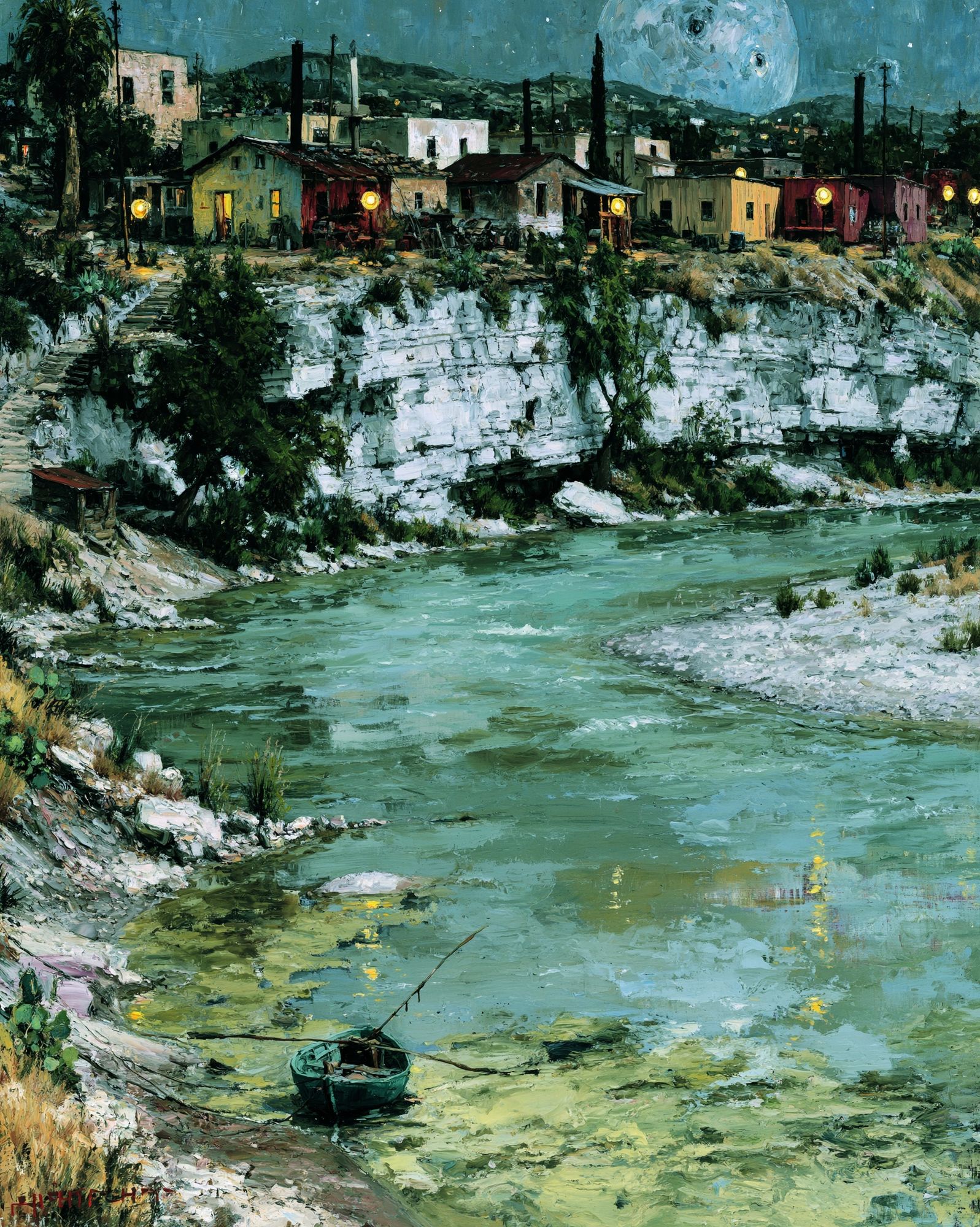Moonlit Riverside Village Print. poster — fine-art art