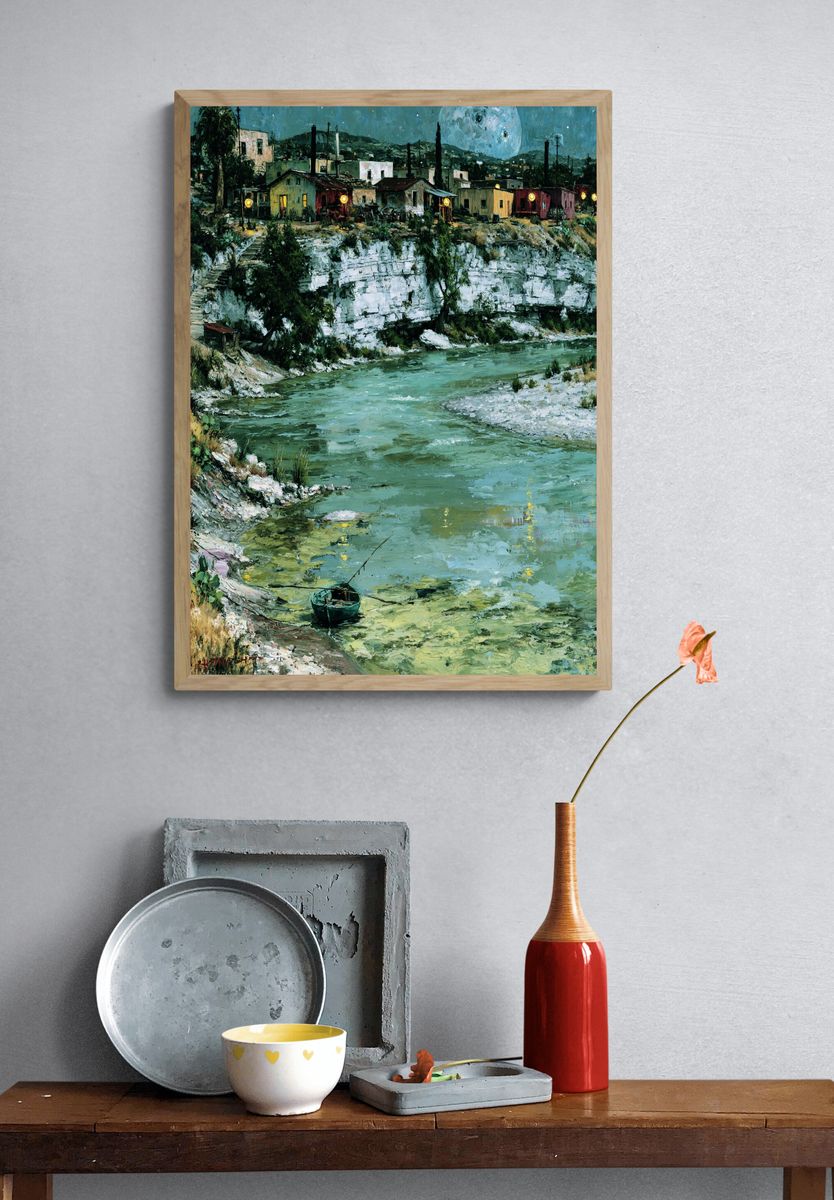 Moonlit Riverside Village Print. — room view 3