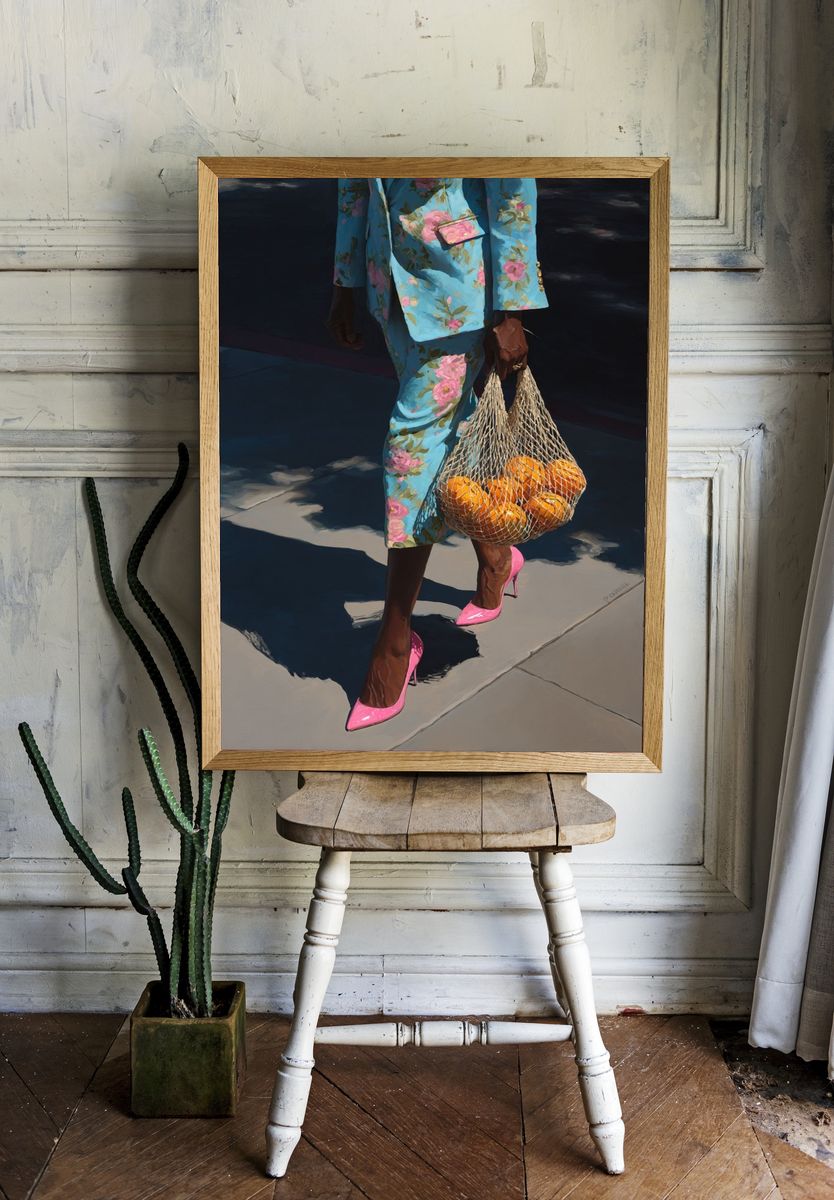 Fashionable Woman with Oranges — Fine Art Print. — room view 1