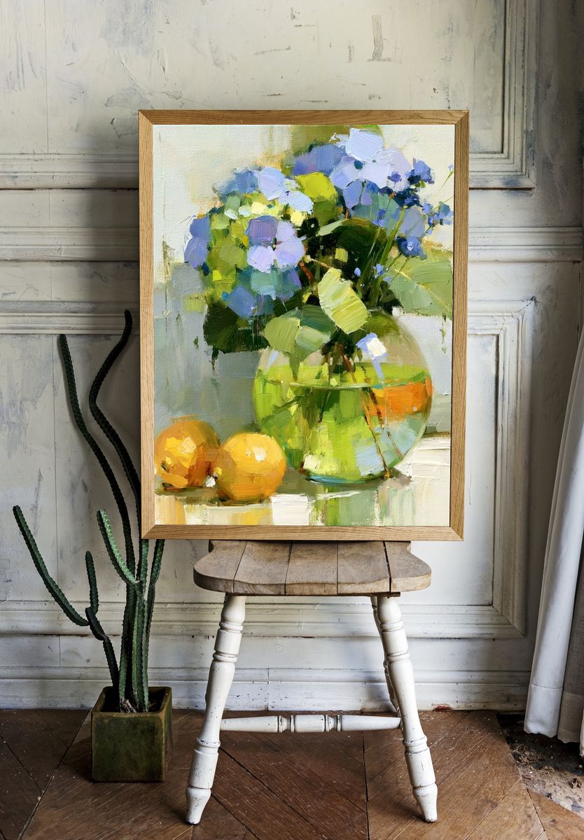 Blue Flowers Still Life Print. — room view 1