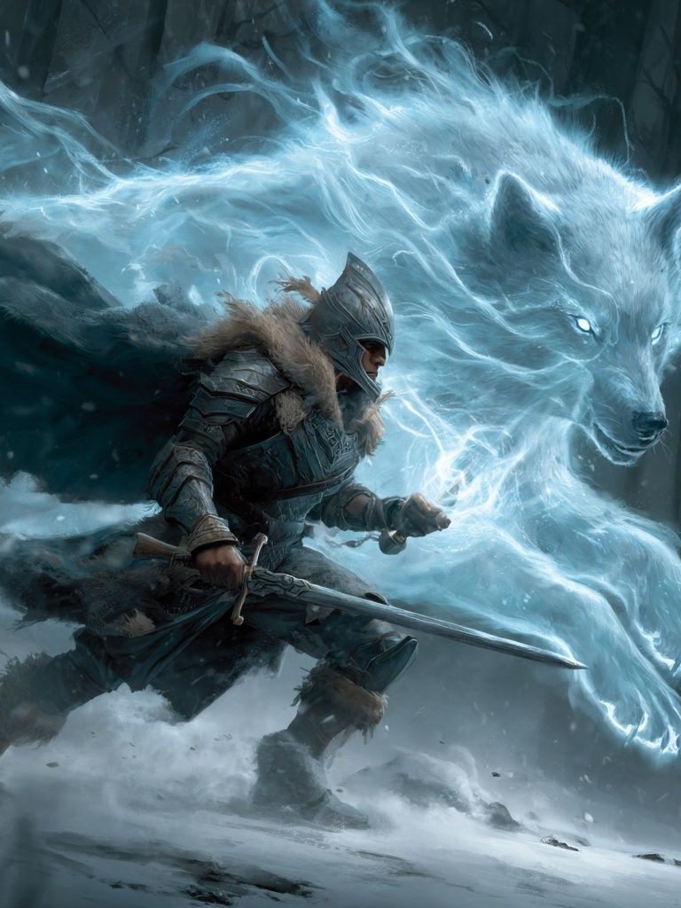 Warrior and Spirit Wolf — Fantasy Art Print. poster — illustration art