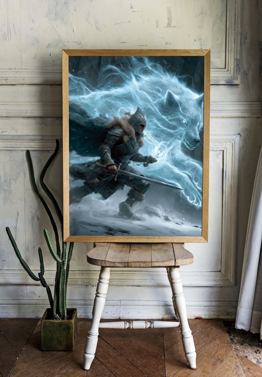 Warrior and Spirit Wolf — Fantasy Art Print room preview
