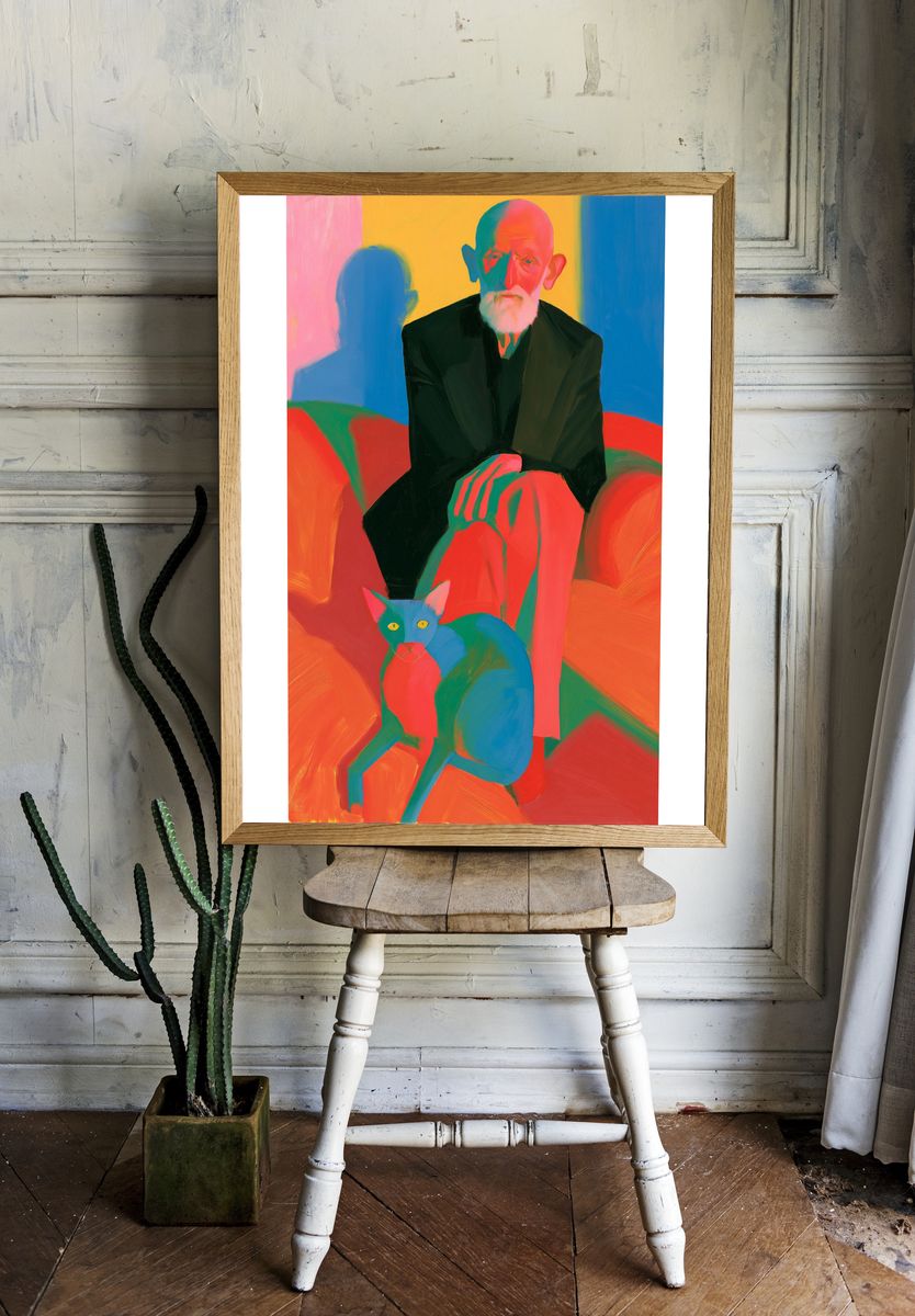 Elderly Man and Cat Portrait Print. — room view 1