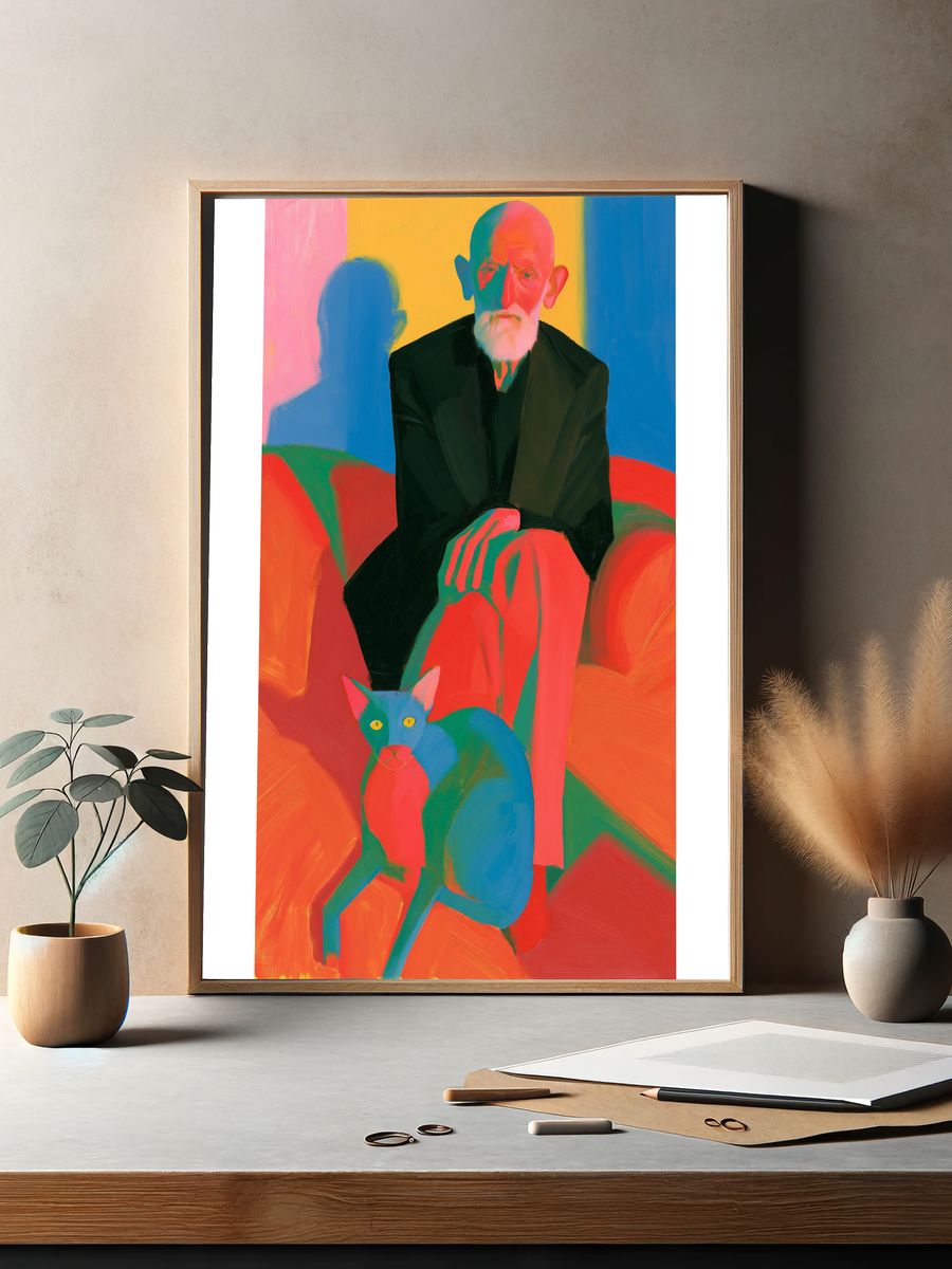 Elderly Man and Cat Portrait Print. — room view 2