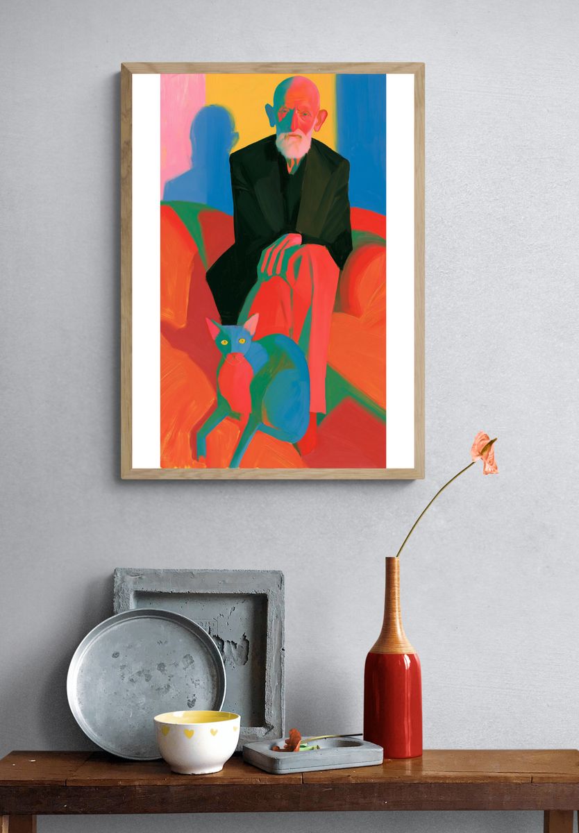 Elderly Man and Cat Portrait Print. — room view 3