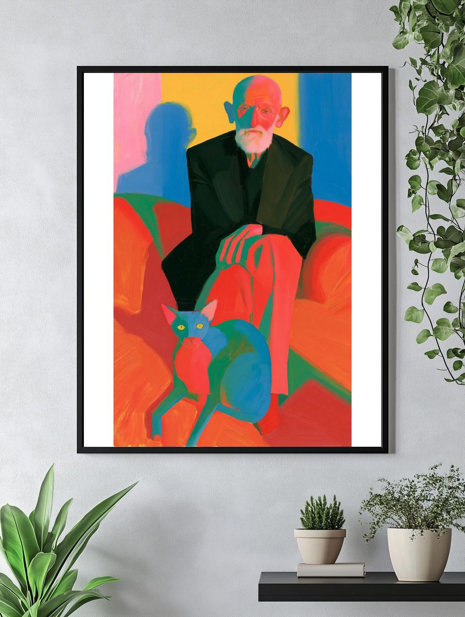 Elderly Man and Cat Portrait Print. — room view 4
