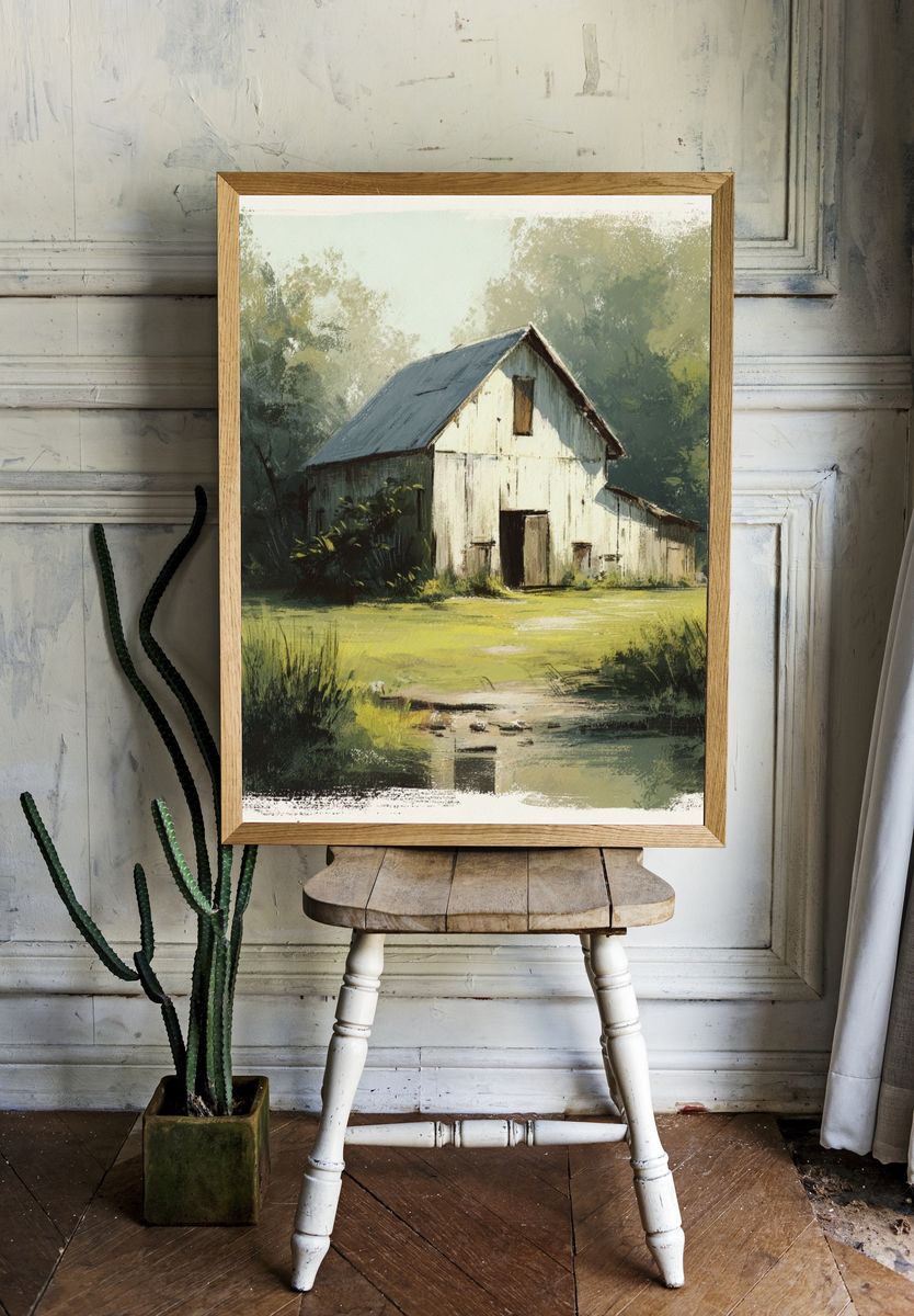 Rustic Barn Landscape Painting Poster. — room view 1
